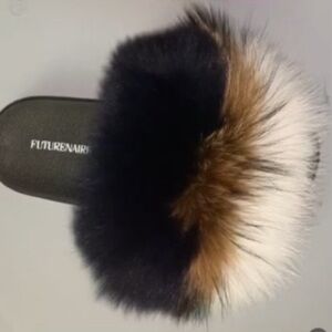 Black Brown White Fur Slides